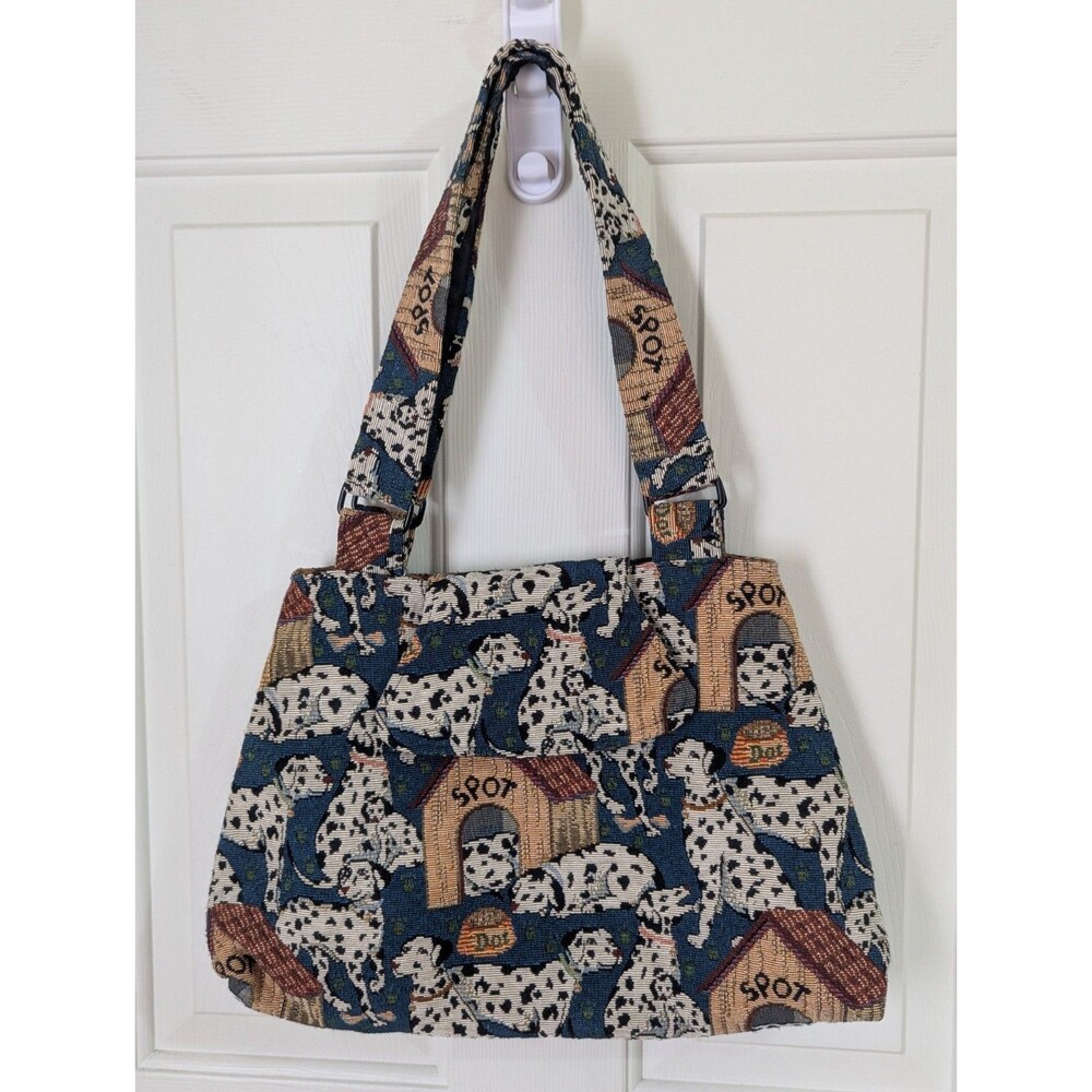 VTG Dalmatian Dog Woven Tapestry Shoulder Bag Blue Snap Grandmacore Kitschy 90s